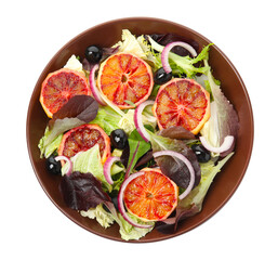 Bowl of delicious sicilian orange salad isolated on white, top view