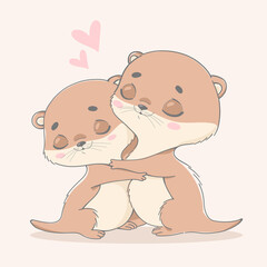 Vector illustration of valentine's day. Animals hug. Otters in love.