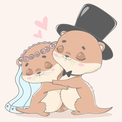Vector illustration wedding animals. Otters in love.