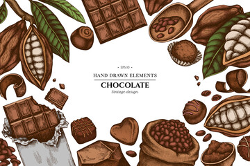 Colored elements design with cocoa beans, cocoa, chocolate, chocolate candies