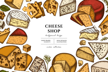 Cheese hand drawn illustration design. Background with retro brie, gouda cheese, roquefort, parmigiano reggiano, maasdam, gorgonzola, emmental.