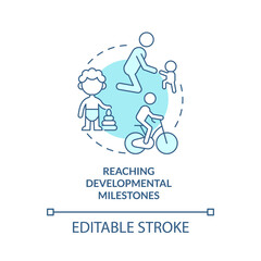 Reaching developmental milestones turquoise concept icon. Behavioral checkpoints abstract idea thin line illustration. Isolated outline drawing. Editable stroke. Arial, Myriad Pro-Bold fonts used