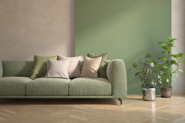 Green living room with green sofa. Scandinavian interior design. 3D illustration