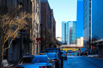 a long street lined with glass skyscrapers, apartment buildings,  parked cars, bare winter trees...