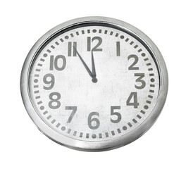Clock showing five minutes until midnight on white background. New Year countdown