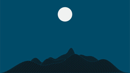 3D grid illustration Mountains landscape with full moon. Abstract wireframe background. Data Array. EPS10 Vector.