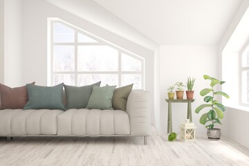 Obraz premium White living room with sofa. Scandinavian interior design. 3D illustration