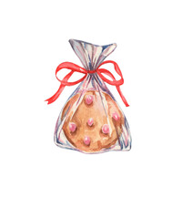 Watercolor Festive cookie. Watercolor food illustration. Love and sweets. Watercolor cookies for gifts. Greeting card with packing cookies with bow. Design for logo, cards, packings, romantic presents