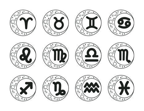 Set zodiac signs. Starry sky in the moon. Zodiac signs inside the moon. Black and white vector set of zodiac signs. Astrology.