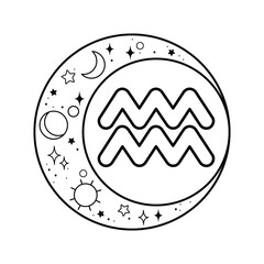 Zodiac sign Aquarius. Black and white vector illustration.