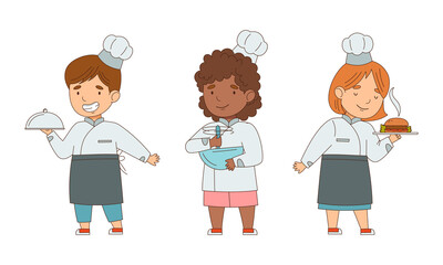 Little Boy and Girl Chef in White Toque and Jacket Holding Plate with Served Appetizing Meal Vector Illustration Set