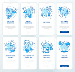 Adolescent behavior problems blue onboarding mobile app screen set. Walkthrough 4 steps graphic instructions pages with linear concepts. UI, UX, GUI template. Myriad Pro-Bold, Regular fonts used