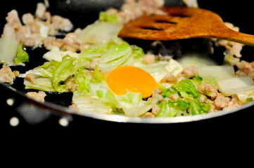 stir fried vegetable, stir fried Chinese cabbage or stir fried cabbage with minced pork or cooking food