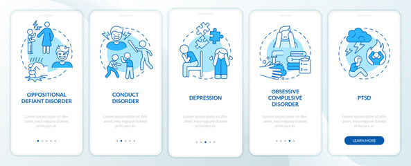 Childhood mental disorders blue onboarding mobile app screen. Walkthrough 5 steps graphic instructions pages with linear concepts. UI, UX, GUI template. Myriad Pro-Bold, Regular fonts used