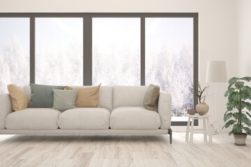 White living room with sofa and winter landscape in window. Scandinavian interior design. 3D illustration