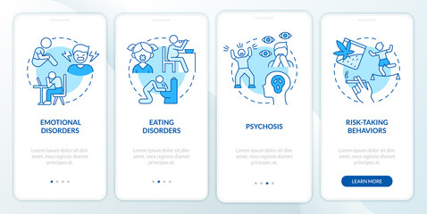 Common teen disorders blue onboarding mobile app screen. Psychosis walkthrough 4 steps graphic instructions pages with linear concepts. UI, UX, GUI template. Myriad Pro-Bold, Regular fonts used
