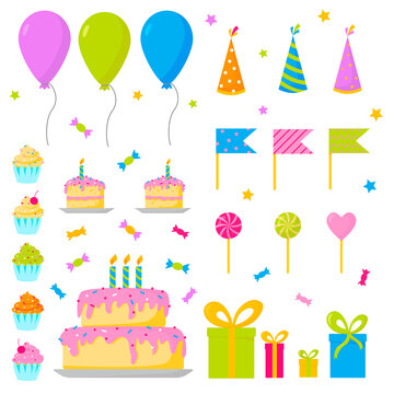 Birthday party set. Colorful balloons, birthday cake, cupcakes, lollipops, gift boxes, flags. Isolated vector illustration signs set