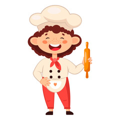 A Little Boy Chef with a Rolling Pin. Cute Cartoon Character Child in the Form of a Chef. Vector Illustration