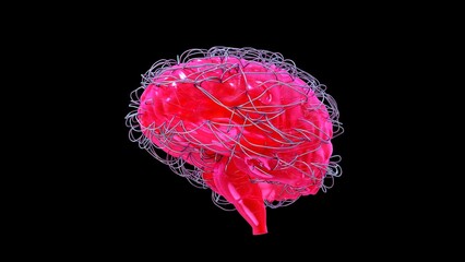 Neuroscience: human brain covered with wires or cables. Maybe stealing, manipulating or reading thoughts. Artificial Intelligence, 3d conceptual illustration