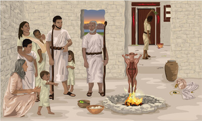 Biblical illustration that shows family, prepared to leave, celebrating the first Passover in ancient Egypt. As they watch Passover lamb roasting, a man puts blood on the doorposts. - obrazy, fototapety, plakaty