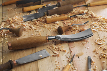 Carpenter wood carving equipment. Woodworking, craftsmanship and handwork concept