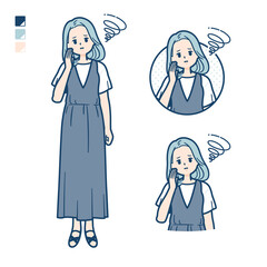 ノースリーブワンピースを着た若い女性が困っているイラスト