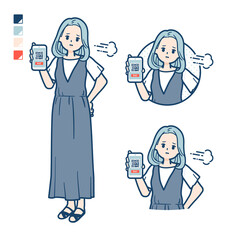 ノースリーブワンピースを着た若い女性が困った顔でスマートフォンでキャッシュレス決済しているイラスト