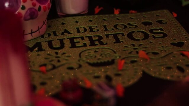 Day of the dead offering. Papel picado, flower petals and other stuffs. D�a de los muertos. Mexican tradition. 