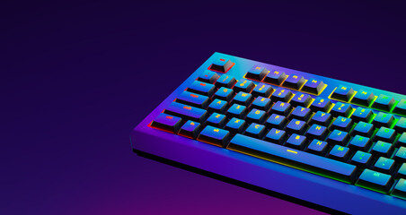 Rainbow keyboard, close-up. Black Gaming keyboard with RGB light. Backlit keyboard in a dark room, 3d render © Om.Nom.Nom