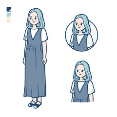 ノースリーブワンピースを着た若い女性が横を見ているイラスト