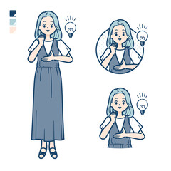 ノースリーブワンピースを着た若い女性がアイデアを閃いたイラスト
