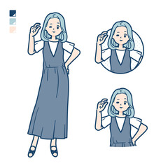 ノースリーブワンピースを着た若い女性がちょっとだけのハンドサインをしているイラスト