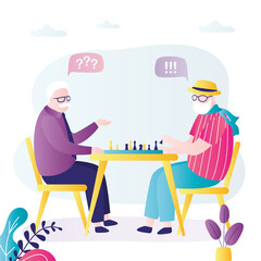 Elderly people playing chess. Grandfathers gaming and talking. Pensioners playing and enjoy logic game. Hobby of older people. Grandpa strategizes.