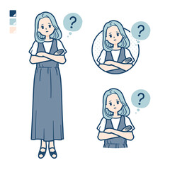 ノースリーブワンピースを着た若い女性が疑問を感じているイラスト