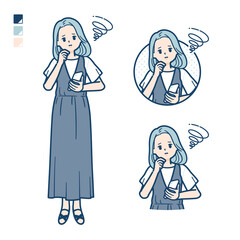 ノースリーブワンピースを着た若い女性がスマートフォンを持ち困っているイラスト