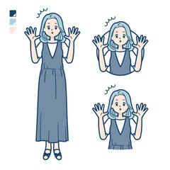 ノースリーブワンピースを着た若い女性が驚いているイラスト
