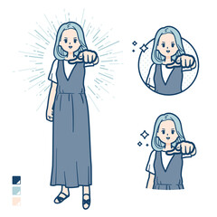 ノースリーブワンピースを着た若い女性が正面を指差しているイラスト
