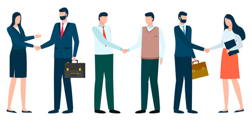 Collection of partners shaking hands of each others. Man and woman wearing formal clothes holding briefcases. Successful agreement of colleagues, isolated employees. Vector in flat style illustration