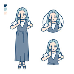 ノースリーブワンピースを着た若い女性が小声でささやいているイラスト