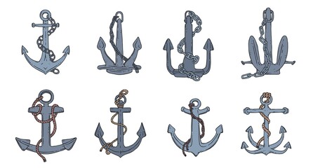 Set of anchors with rope and iron chain. Vector doodle sketch outline isolated illustration.