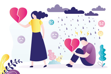Couple broke up due to conflict. Annoyed woman walk away with broken heart. Upset man sitting in rain. End of relationship, misunderstanding. Concept of marriage breakup, divorce.