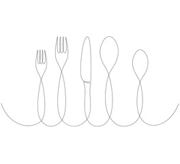 Continuous one line drawing of forks, knife, spoons. Eating utensils minimalist vector illustration. Black and white cooking utensils in line art style.