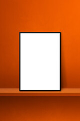 Black picture frame leaning on orange shelf. 3d illustration. Vertical background