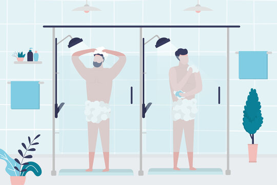 Two men bathe after training in public shower. Public bathroom interior design. Male character soaps herself with gel. Water procedures after workout or swimming pool.