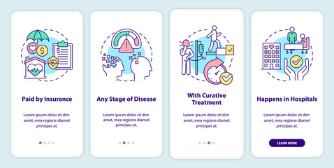 Palliative care characteristics onboarding mobile app screen. Hospice walkthrough 4 steps graphic instructions pages with linear concepts. UI, UX, GUI template. Myriad Pro-Bold, Regular fonts used