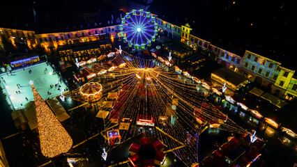 Aerial drone view of The Big Square decorated for Christmas in Sibiu, Romania