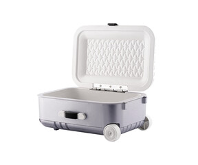 Open gray plastic suitcase isolated
