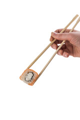 male caucasian hand holding chop sticks with one philadelphia roll sushi isolated on white background
