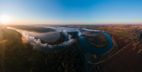 Aerial drone panoramic view of the nature of Moldova at sunrise