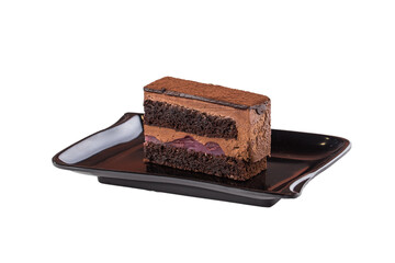 slice of Tasty chocolate cake on black plate isolated on white background